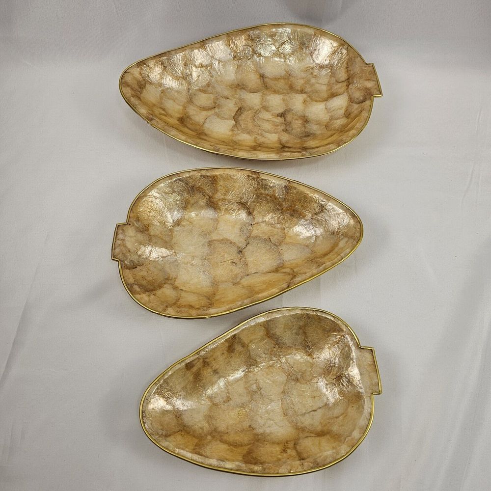 Capiz Shell Leaf Shaped Nesting Serving Trays  Gold Trim 3 pcs Mother of Pearl